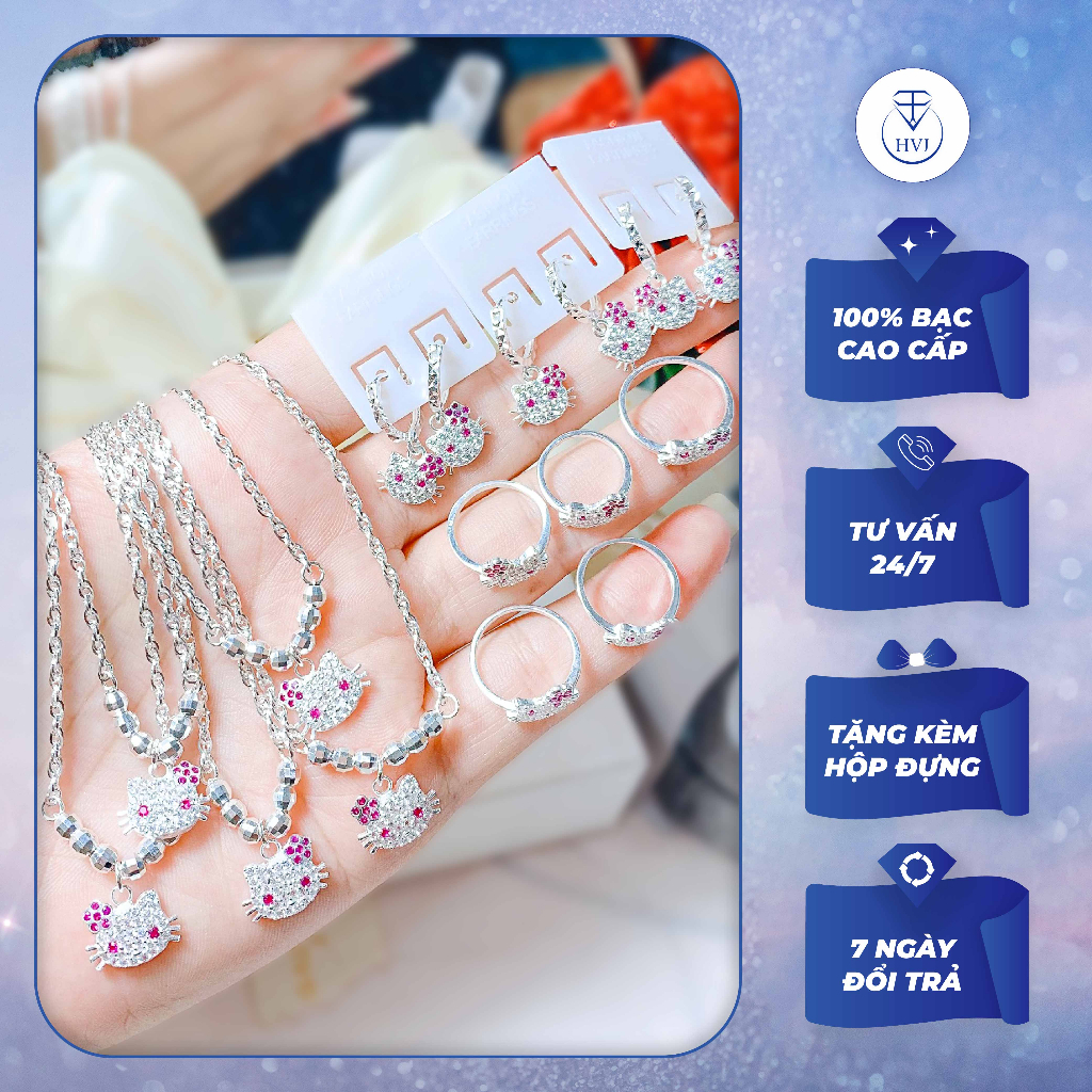 Set 3 món Bông tai Vòng cổ Nhẫn Bạc 925 bé gái mèo Hello Kitty đính đá kèm hộp đựng 45 - Trang Sức Cao Cấp HVJ