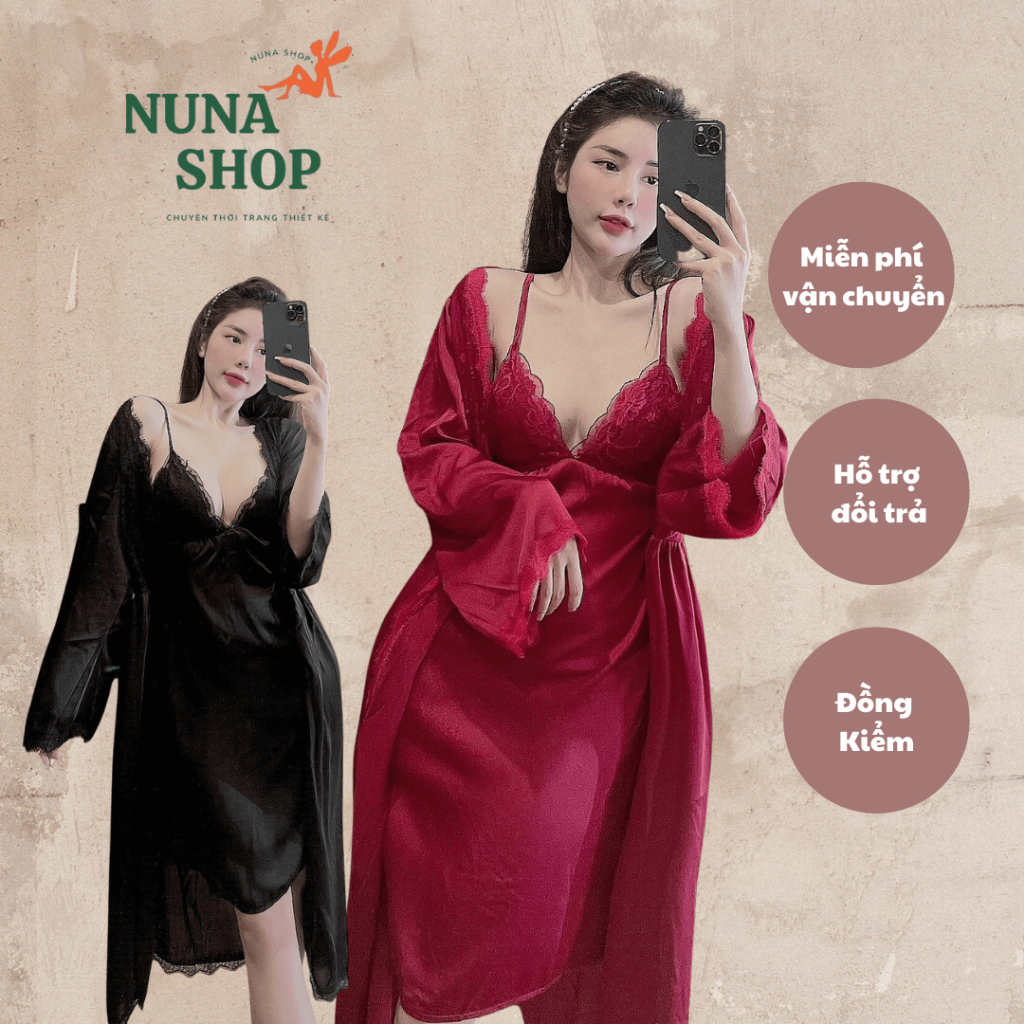 Váy ngủ 2 dây sexy kèm áo choàng và mút ngực - Lụa latin cao cấp - Mặc ngủ/dạo phố/siêu sexy/mềm mại [FREE SHIP]