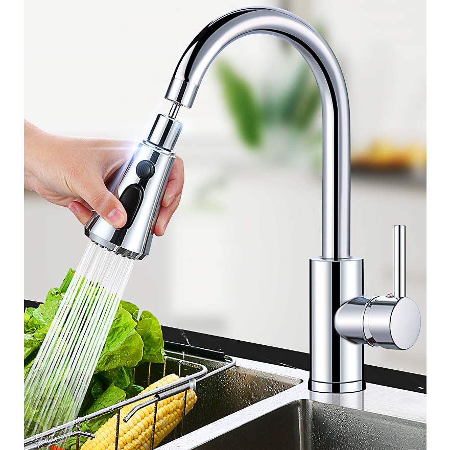 Đầu nối inox gắn vòi nước bồn rửa nhà bếp, thiết kế xoay 360 độ linh hoạt, với 3 chế độ phun nước đa năng