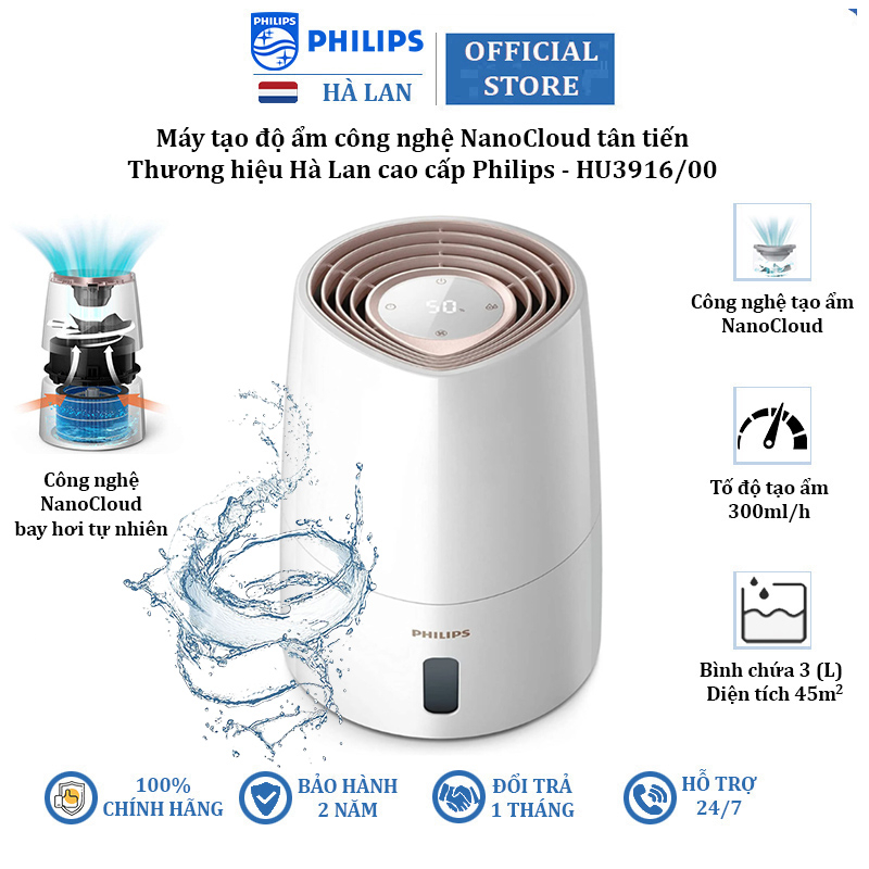 Máy tạo độ ẩm công nghệ NanoCloud thương hiệu Philips HU3916/00 25W sử dụng cho phòng 45m2