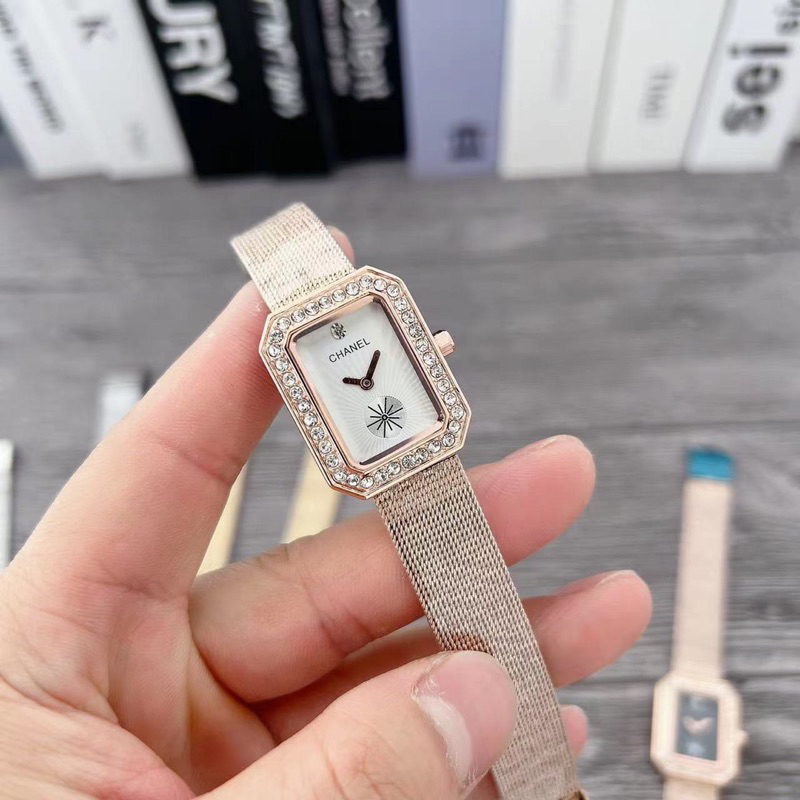 Đồng hồ nữ dây lưới chữ nhật T.CNel, đồng hồ nữ dây lưới nhuyễn mặt chữ nhật viền đá thiết kế thanh lịch nhỏ xinh