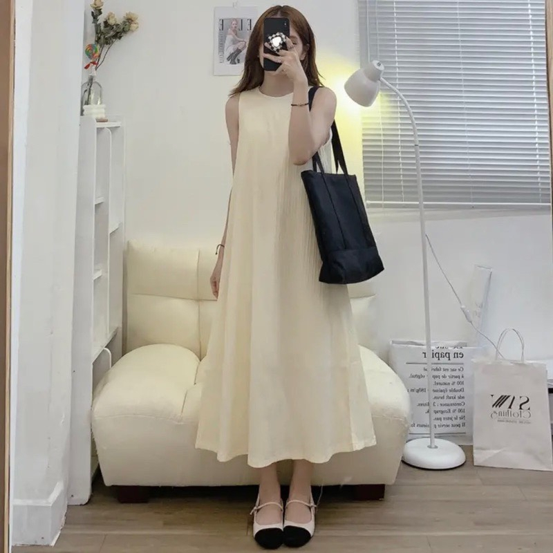 [Ảnh thật/Video] Đầm đũi ba lỗ trơn dáng dài sát nách thoáng mát tiểu thư