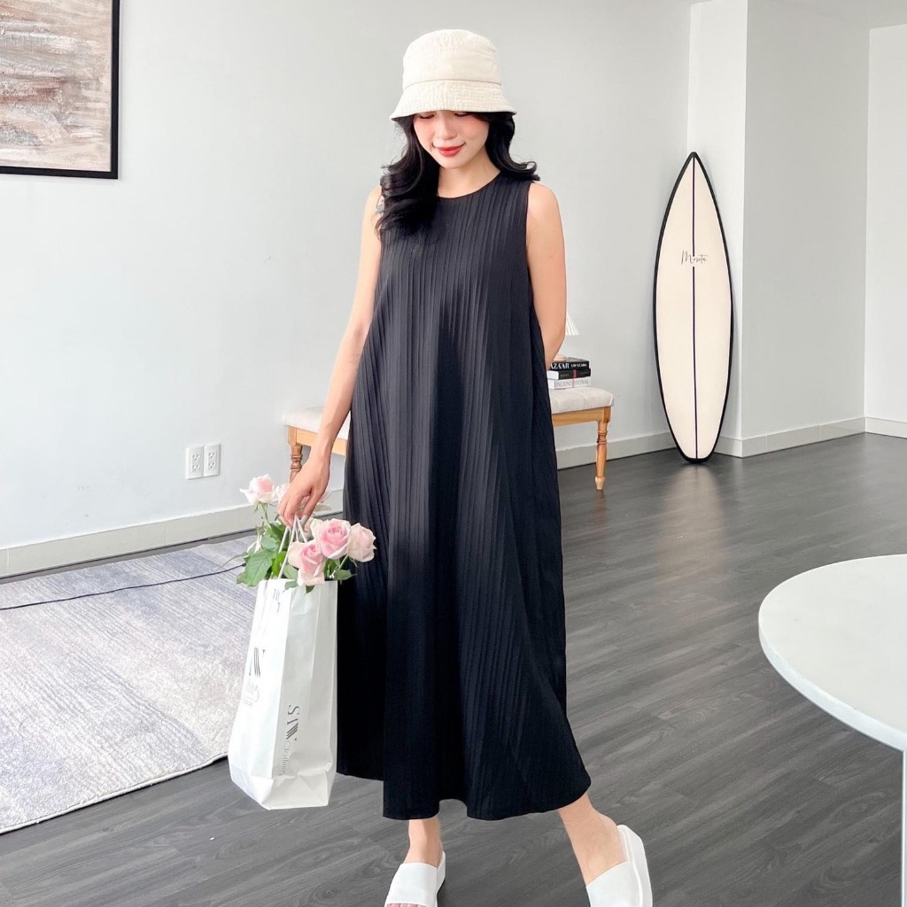 [Ảnh thật/Video] Đầm đũi ba lỗ trơn dáng dài sát nách thoáng mát tiểu thư