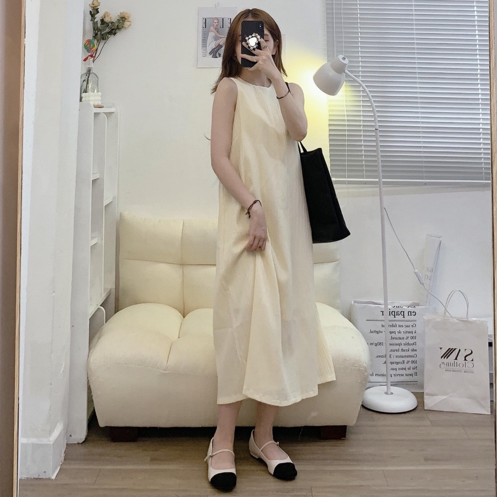 [Ảnh thật/Video] Đầm đũi ba lỗ trơn dáng dài sát nách thoáng mát tiểu thư