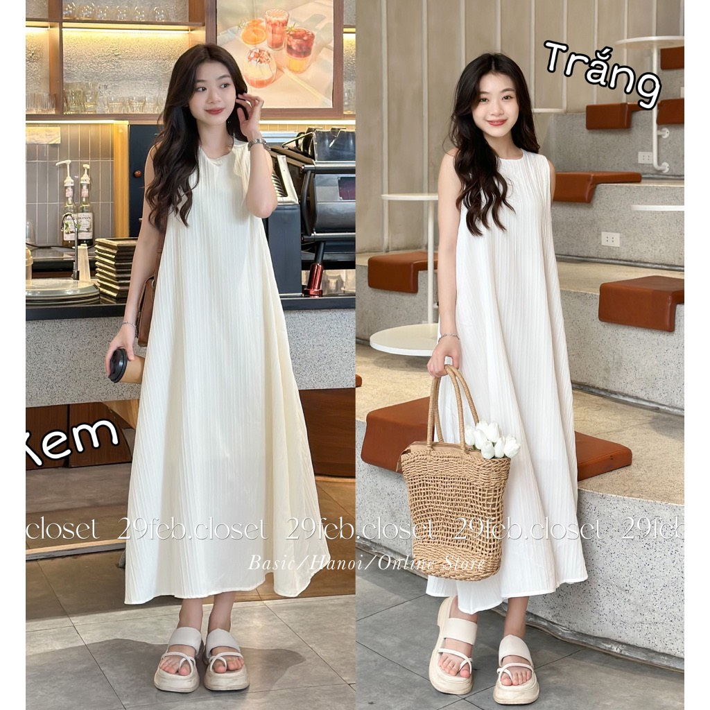 [Ảnh thật/Video] Đầm đũi ba lỗ trơn dáng dài sát nách thoáng mát tiểu thư