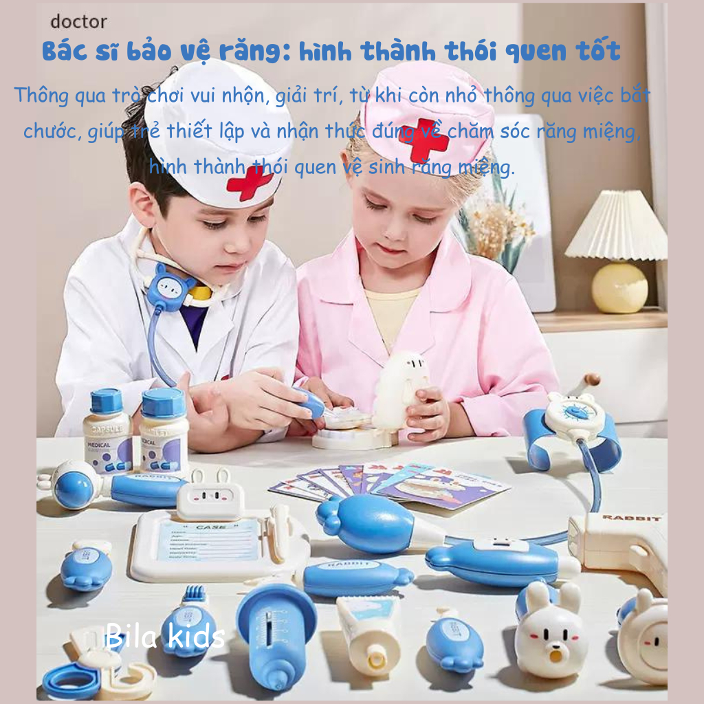 Bộ đồ chơi bác sĩ cho bé bằng nhựa nguyên sinh an toàn trẻ em, có hộp đựng y tế mô phỏng, khám răng BILA KIDS