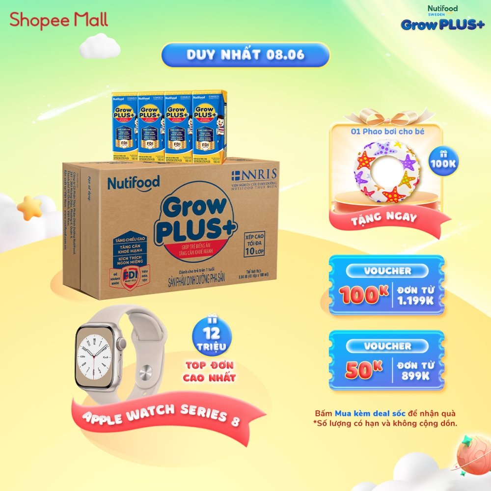 Thùng Sữa Bột Pha Sẵn Nutifood GrowPLUS+ Biếng Ăn 180ml - Trên 1 Tuổi - Tăng Cân Khỏe Mạnh (48 Hộp x 180ml)
