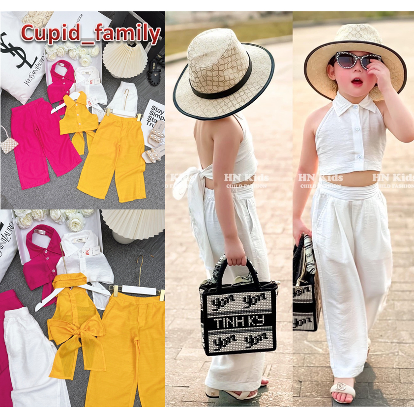 Bộ đũi tơ xước quần xuông cổ bẻ buộc nơ lưng sang chảnh cho bé gái - BDQX