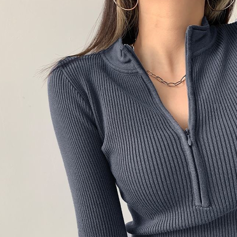 Áo Croptop Nữ Dài Tay Màu Trắng Cổ Kéo Khóa Áo Len Tăm I'm Basic Co Giãn Mềm Mịn Cá Tính ADT01