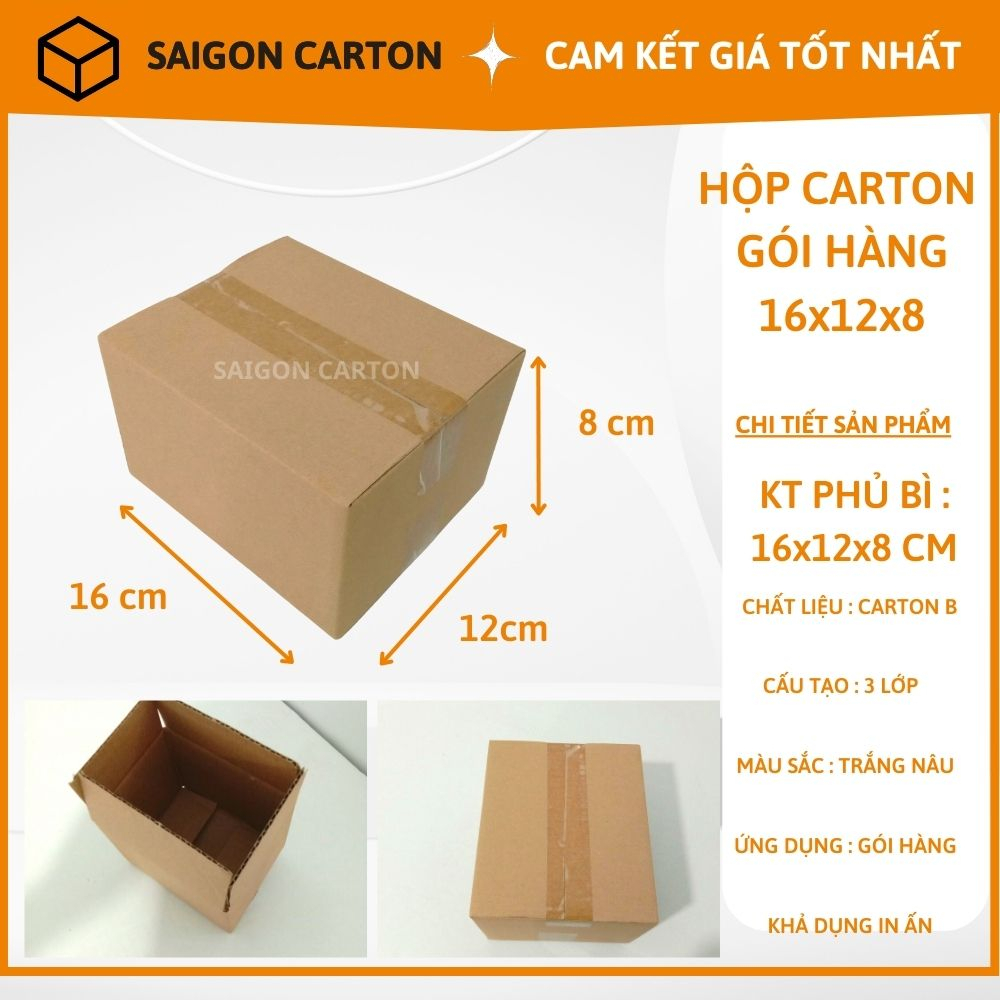 Hộp carton đóng gói hàng  size 16X12X8 cm - Mua 100 tặng 1 dao rọc giấy -  sản xuất bởi SÀI GÒN CARTON