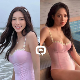 bikini đi biển 1 mảnh liền thân hồng barbie Thuỷ Tiên barbie Bikini Liền Thân Phối Gọng Nâng Ngự