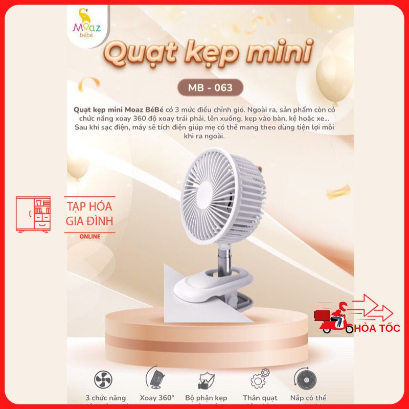 Quạt kẹp xe đẩy, quạt sạc tích điện mini, quạt kẹp mini moaz bebe mb063 bảo hành chính hãng 12 tháng