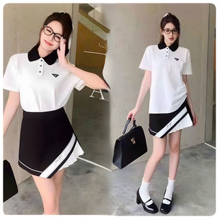 Set váy gam trắng đen thương hiệu - áo polo viền + chân váy xòe chữ a xếp ly xòe cách điệu