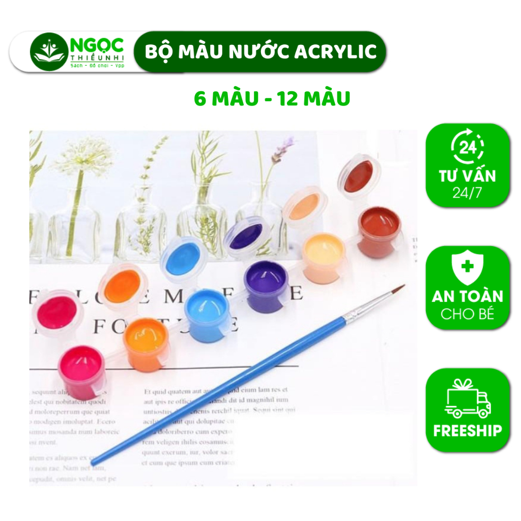 Bộ màu nước ACRYLIC kèm cọ - 6 Màu - 12 Màu - Vẽ - Tô tượng