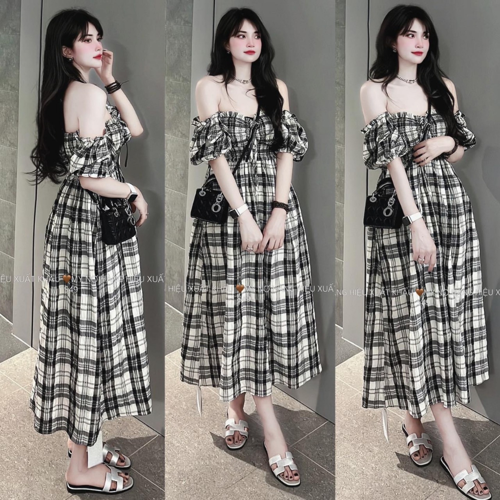 đầm nữ bẹt vai kẻ caro xanh, váy xòe dáng dài cổ bèo xinh xắn GB93895