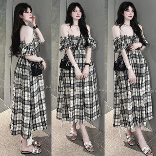 đầm nữ bẹt vai kẻ caro xanh, váy xòe dáng dài cổ bèo xinh xắn GB93895
