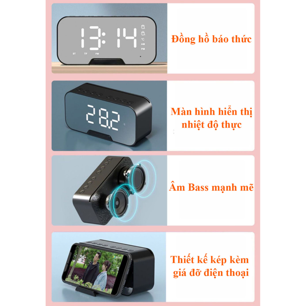 Loa bluetooth đồng hồ G5, loa bluetooth mini nghe nhạc làm đèn ngủ màn hình soi gương nhiều màu