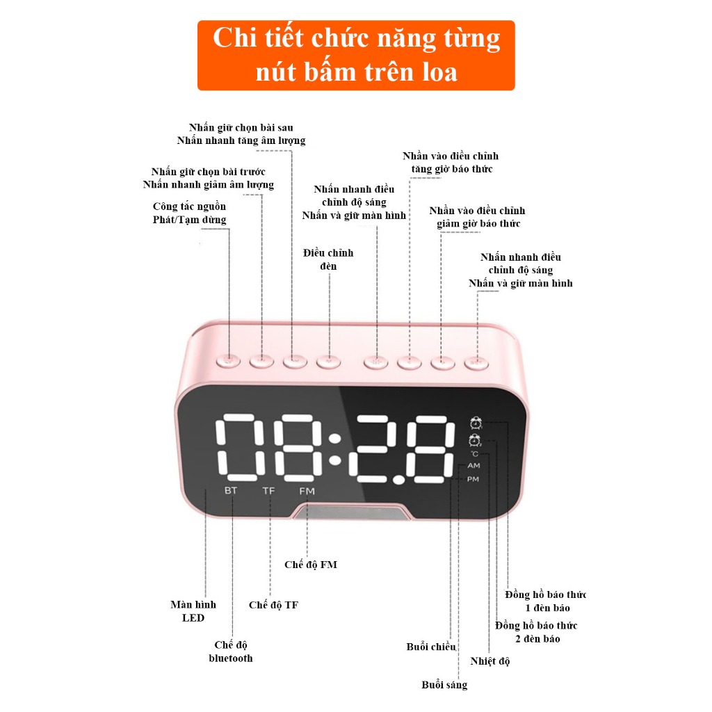 Loa bluetooth đồng hồ G5, loa bluetooth mini nghe nhạc làm đèn ngủ màn hình soi gương nhiều màu