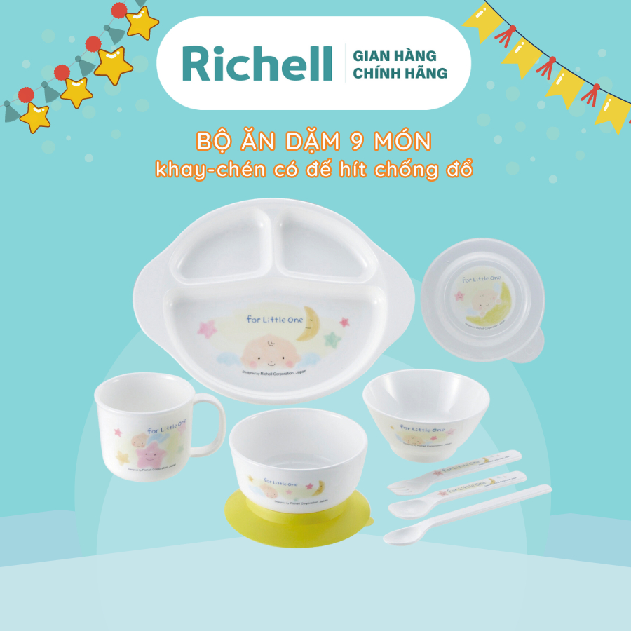 Bộ ăn dặm 9 món có 2 đế hít chống đổ Richell Nhật Bản | Baby