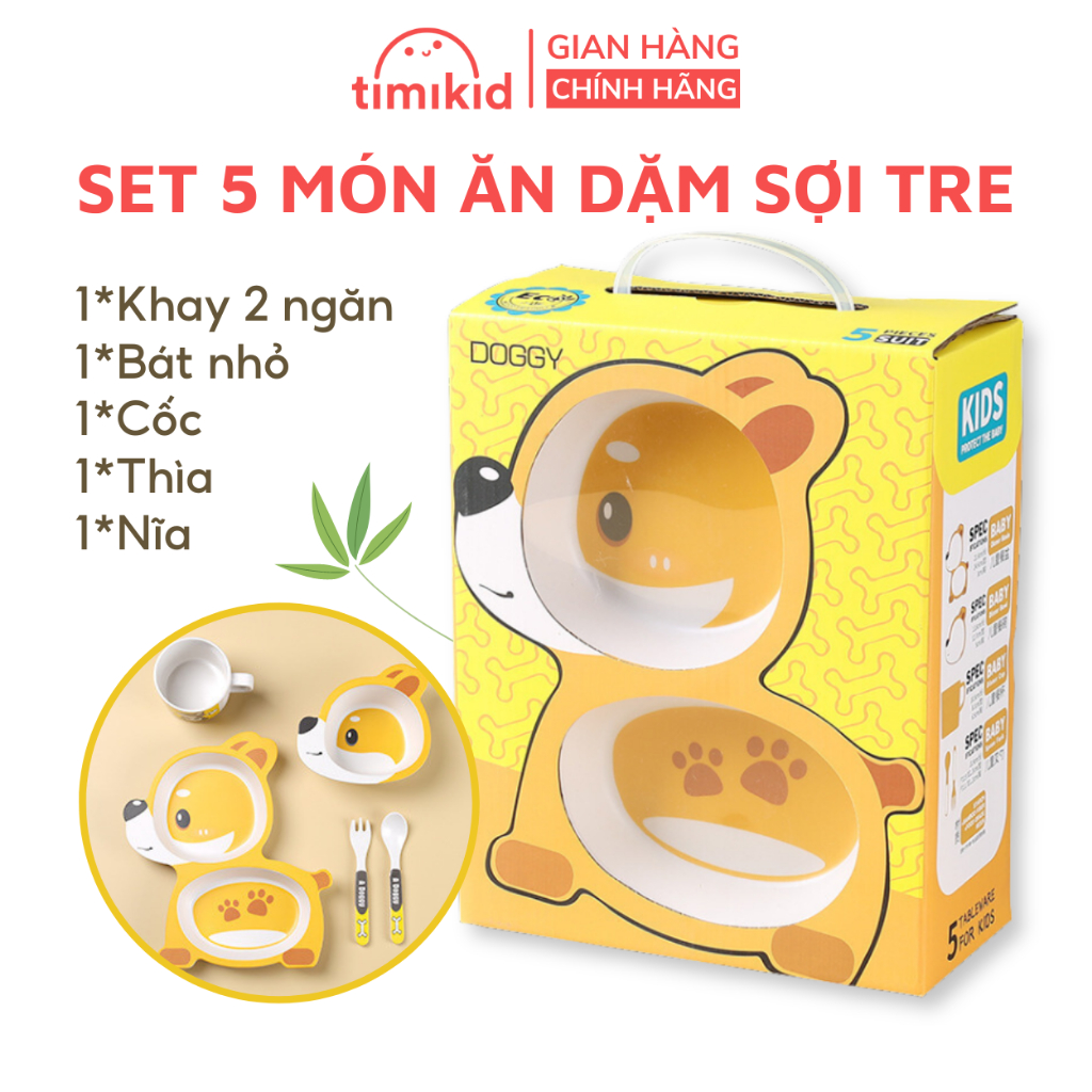 Set 5 Dụng Cụ Ăn Dặm Sợi Tre Hogokids Cho Bé Gồm Khay 2 Ngăn, Bát, Cốc, Thìa, Dĩa