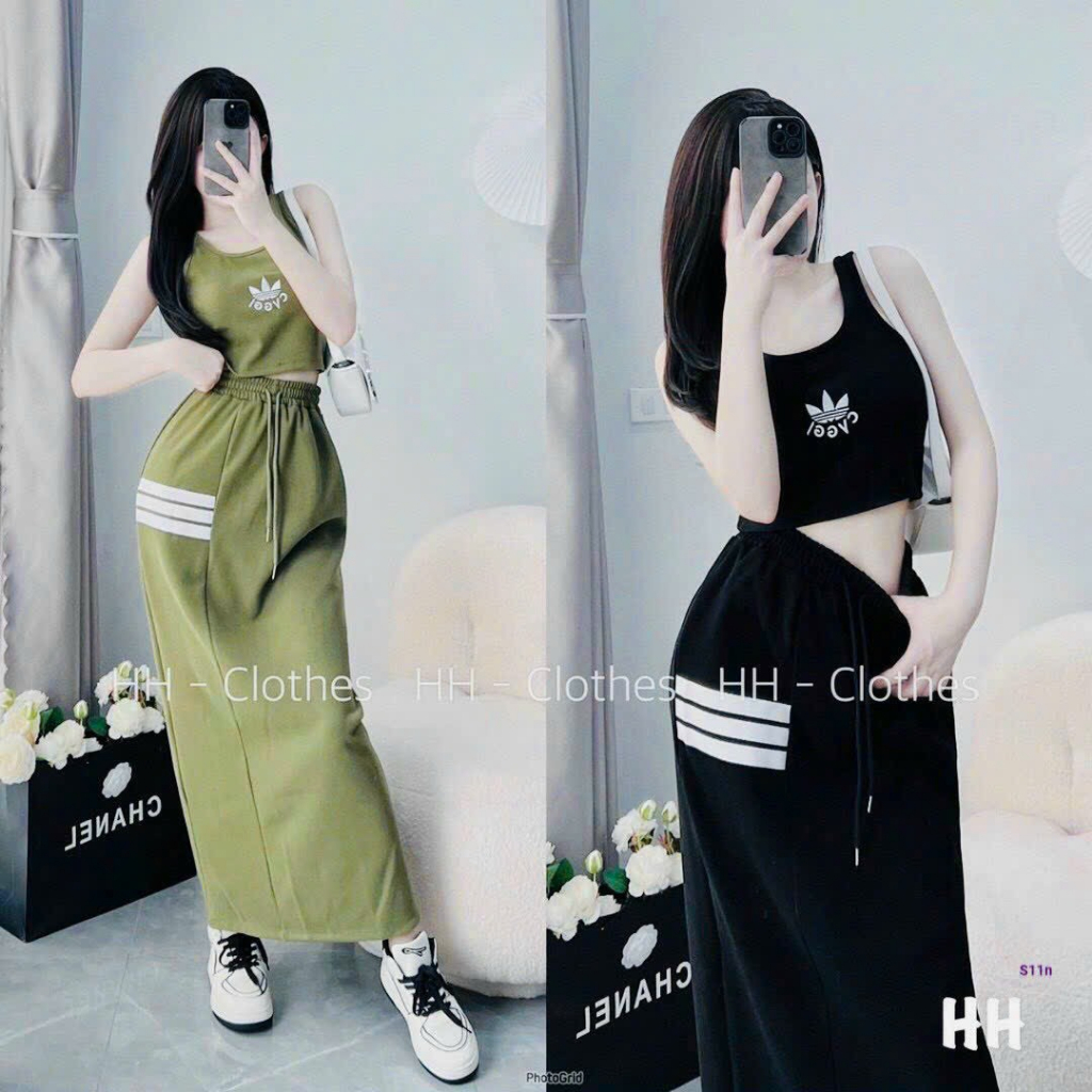 Set váy thun gân áo kiểu ba lỗ dây croptop thêu họa tiết chữ phối quần váy dài 3 sọc siêu cá tính năng động siêu xinh