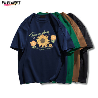 PO FLORET Áo thun unisex rộng Hướng dương in Oversize áo phông nữ 100%Cotton Tùy chọn bốn màu