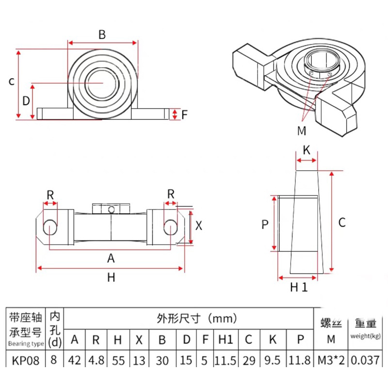 Vòng bi cố định trục có chân gá cố định đường kính 8mm