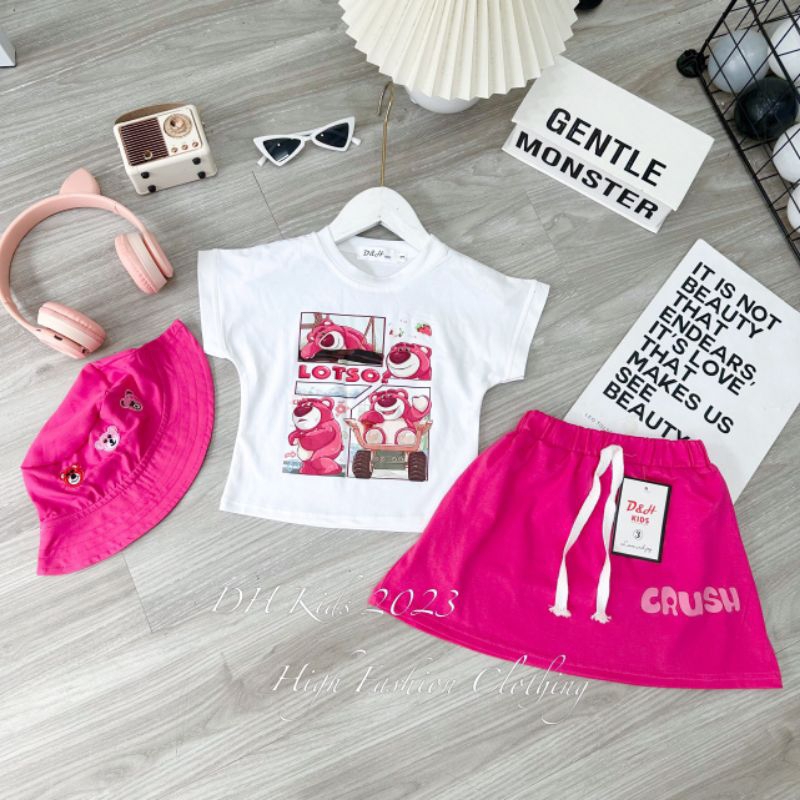 SET GẤU DÂU HỒNG BÉ GÁI KÈM MŨ