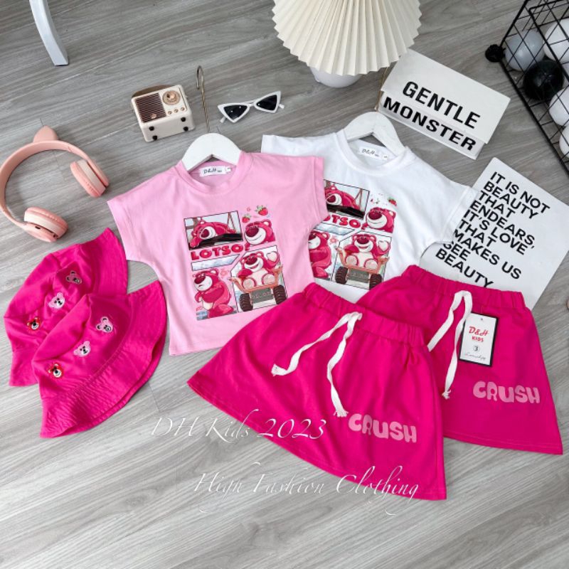 SET GẤU DÂU HỒNG BÉ GÁI KÈM MŨ