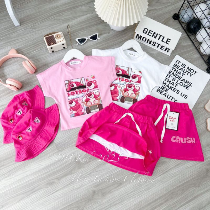 SET GẤU DÂU HỒNG BÉ GÁI KÈM MŨ
