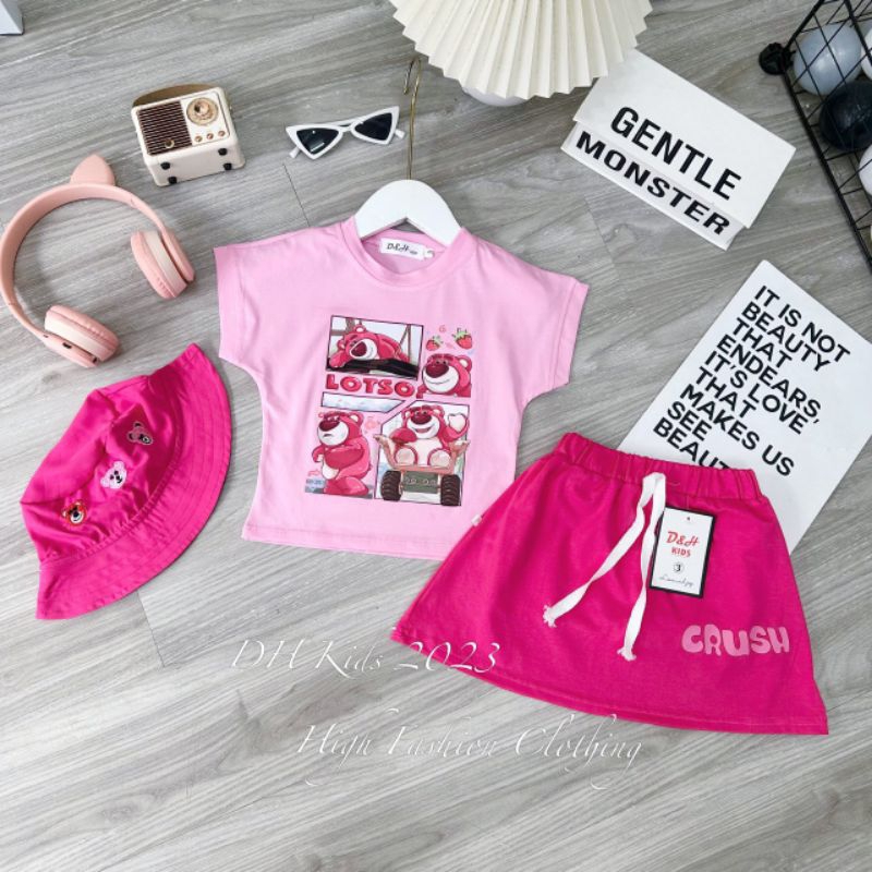 SET GẤU DÂU HỒNG BÉ GÁI KÈM MŨ