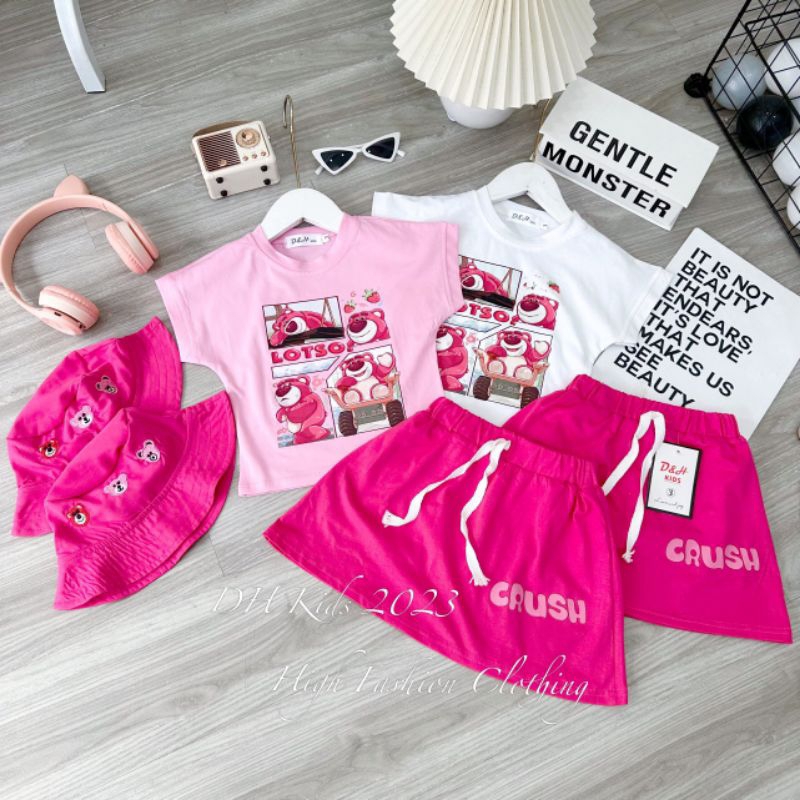 SET GẤU DÂU HỒNG BÉ GÁI KÈM MŨ
