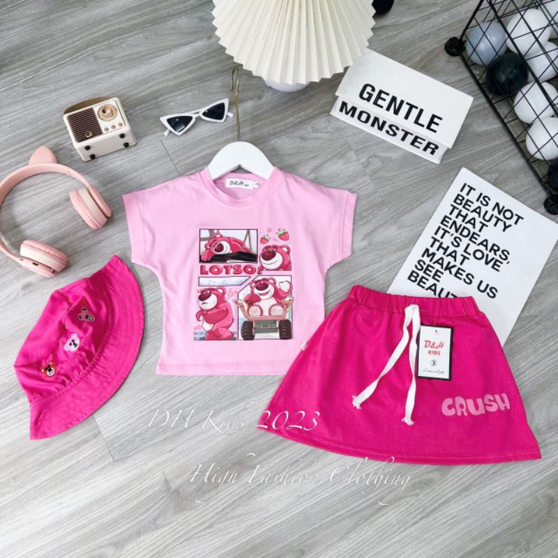 SET GẤU DÂU HỒNG BÉ GÁI KÈM MŨ