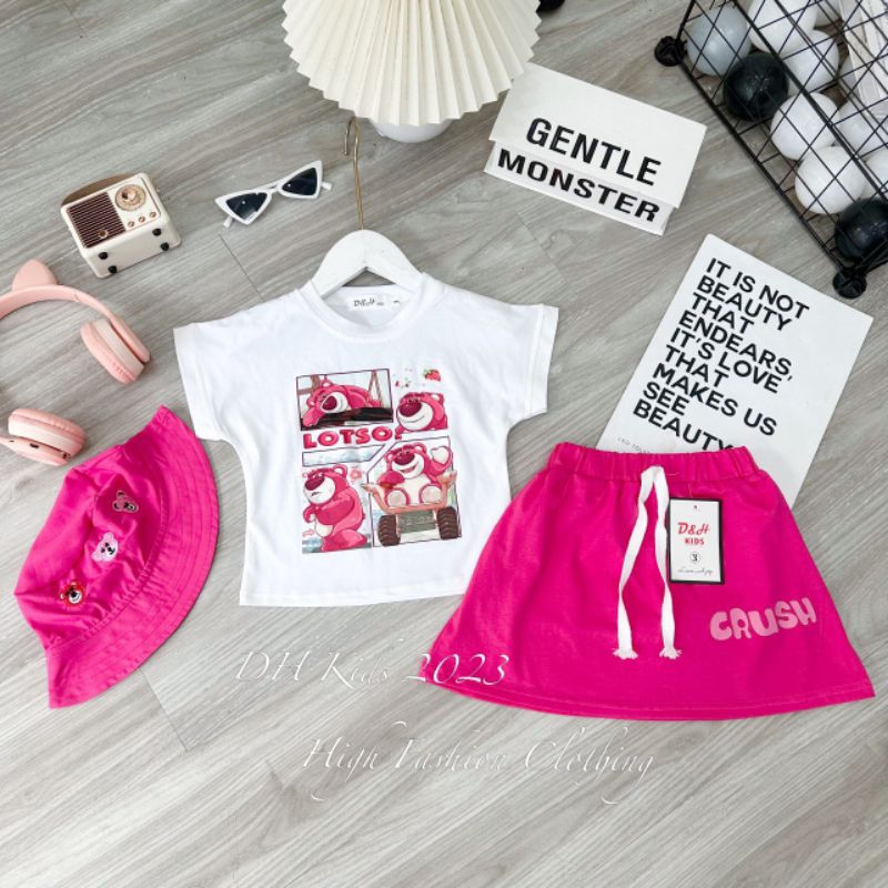 SET GẤU DÂU HỒNG BÉ GÁI KÈM MŨ