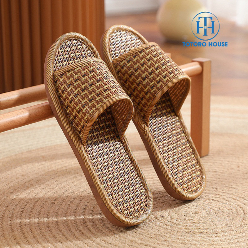 Dép cói đi trong nhà TOTORO HOUSE Dép mây đế nhựa PVC đi biển cao cấp