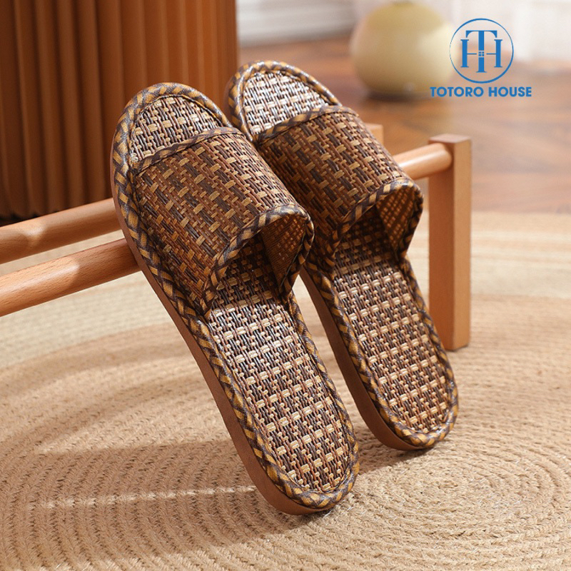 Dép cói đi trong nhà TOTORO HOUSE Dép mây đế nhựa PVC đi biển cao cấp