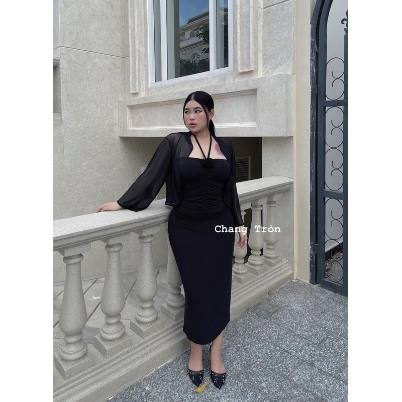 | Chang Tròn | Sét Yếm Đính Hoa Kèm Khoác Lưới - 3 Món Bigsize