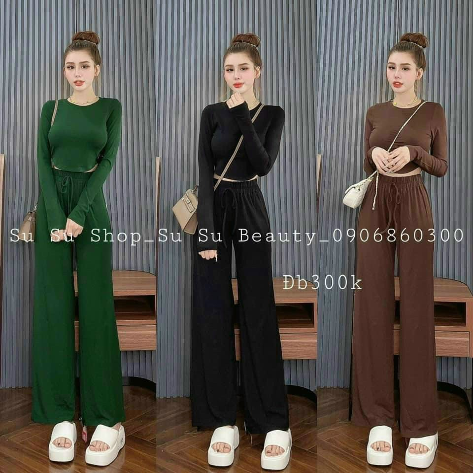 [7.7 Sales Freeship] Set bô thun gân basic trơn màu, set áo thun croptop tay dài mix quần dài ống rộng đi chơi cá tính