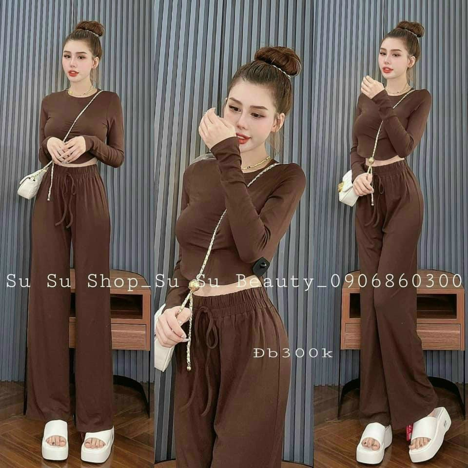 [7.7 Sales Freeship] Set bô thun gân basic trơn màu, set áo thun croptop tay dài mix quần dài ống rộng đi chơi cá tính