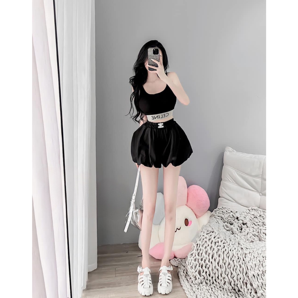 [7.7 Sales Freeship] Set áo thun gân 2 dây ba lỗ mix quần short đùi phồng, bộ đùi hot trend màu đen sexy,cá tính mtb
