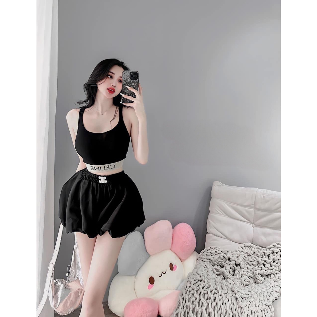 [7.7 Sales Freeship] Set áo thun gân 2 dây ba lỗ mix quần short đùi phồng, bộ đùi hot trend màu đen sexy,cá tính mtb