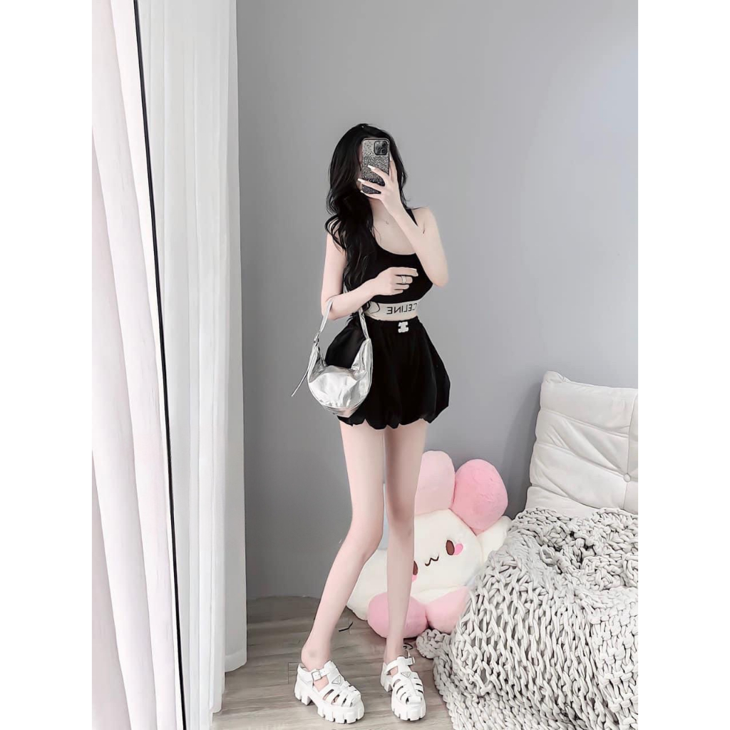 [7.7 Sales Freeship] Set áo thun gân 2 dây ba lỗ mix quần short đùi phồng, bộ đùi hot trend màu đen sexy,cá tính mtb