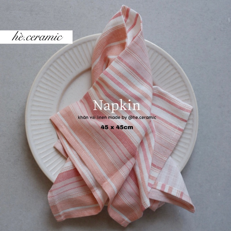 HÈ.CERAMIC / Khăn vải linen premium, Khăn linen Napkin bàn ăn 45 x 45cm hoạ tiết sọc tone màu cam.