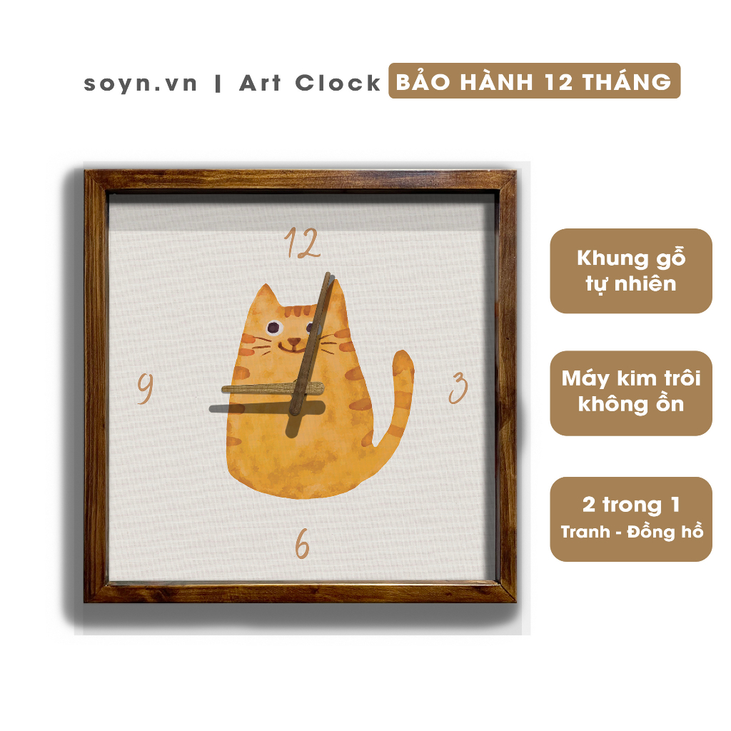 Đồng hồ treo tường gỗ Mèo vàng |Tranh đồng hồ trang trí tường | Artclock Soyn C65