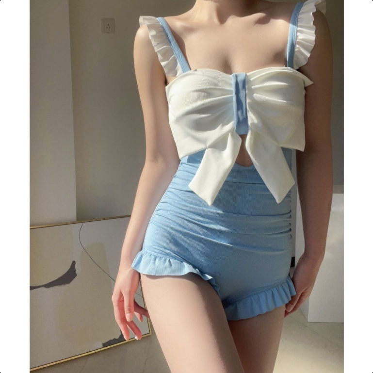 Bikini xanh dương có nơ một mảnh bikini quần boxer ôm sát đồ bơi mới đi biển Set bikini 1 mảnh dễ thương sexy