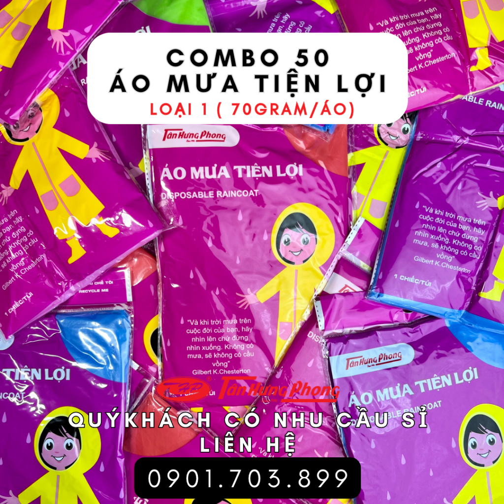 Combo 50 Áo Mưa Tiện Lợi Tân Hưng Phong Hàng Loại 1 (70Gram/áo) , Áo Mưa Du Lịch , Áo Mưa Giấy