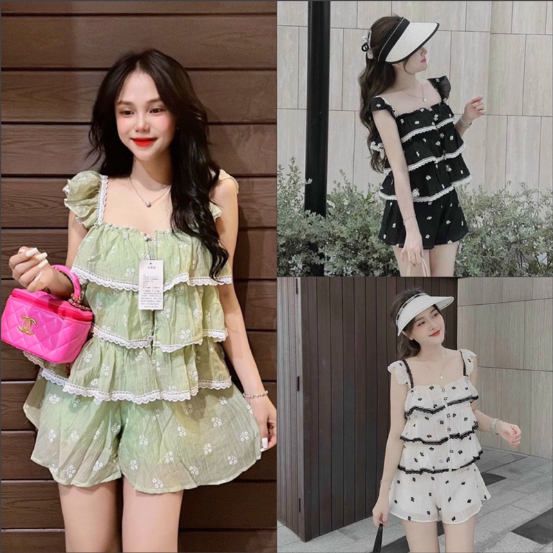 SET BỘ HOA NHÍ HAI DÂY CÁNH TIÊN XẾP TẦNG PHỐI REN KÈM QUẦN ĐÙI