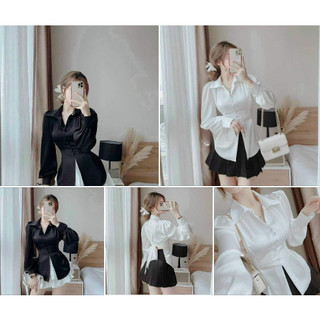 Sét áo sơ mi cổ bèo kèm chân váy xếp ly, áo sơ mi lụa xẻ tà cột dây nơ,áo sơ mi satin siêu hot, áo sơ mi lụa tay phồng