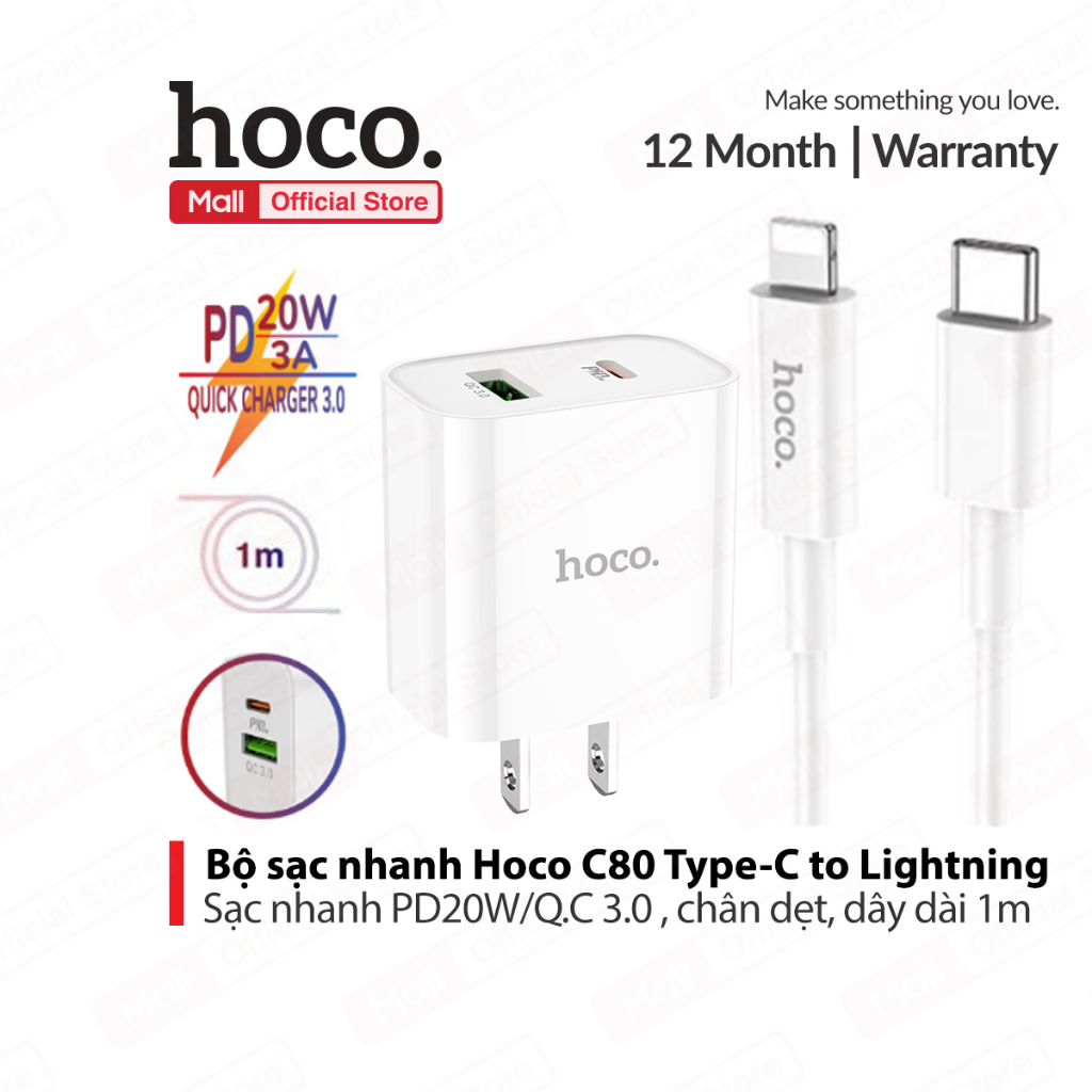 Bộ sạc nhanh PD20W Hoco C80 QC3.0 1 cổng USB và 1 cổng TypeC , kèm dây cáp Type-C dành cho iPhone dài 1m