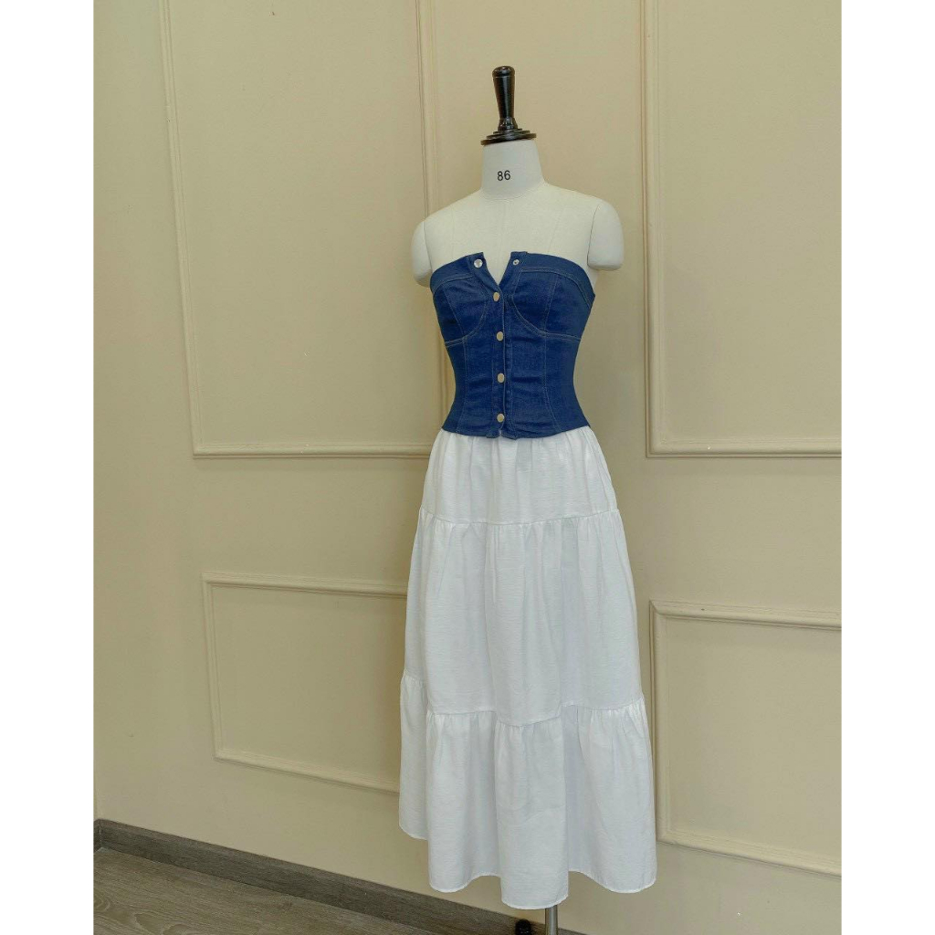 Sét Aó Cúp Ngực Jean Kèm Chân Váy Trắng Xòe Dài Siêu HOT CC0105